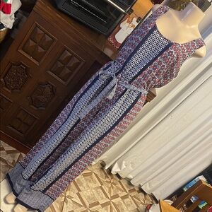 Sleeveless Blue and Red Printed Maxi Dress with Tie Waist